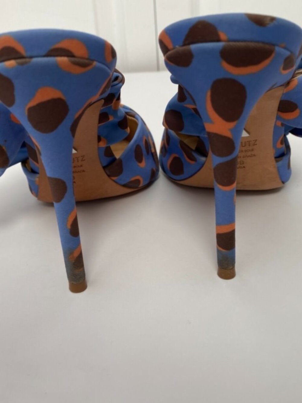 SCHUTZ Blue and Brown Leopard-Print Pointed Mule Heels - Picture 3 of 8